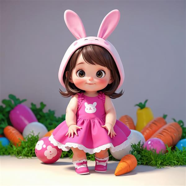 عروسک چیبی دختر با لباس صورتی، کلاه خرگوشی و سبزه تخم‌مرغ عید پاک