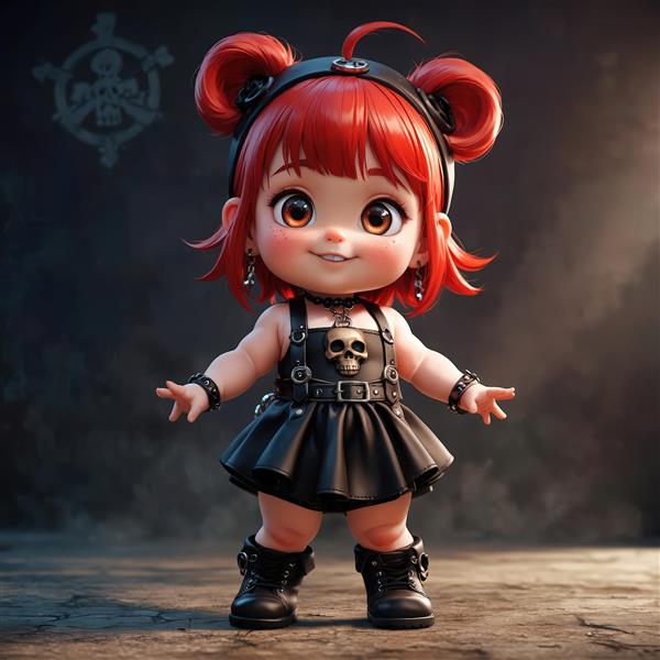 عروسک چیبی دختر مو قرمز با لباس راک، جوراب شلواری و پس‌زمینه صنعتی تاریک