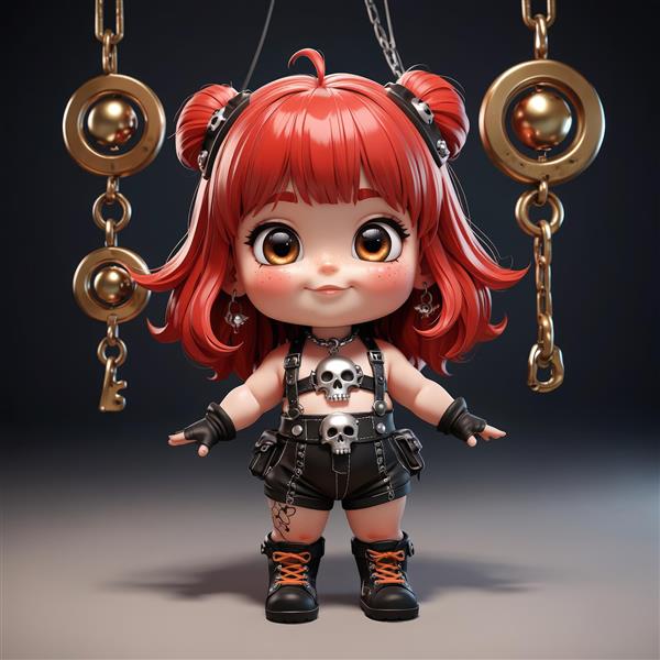 عروسک چیبی دختر مو قرمز با هدبند و اکسسوری زنجیری، استایل دارک گوثیک