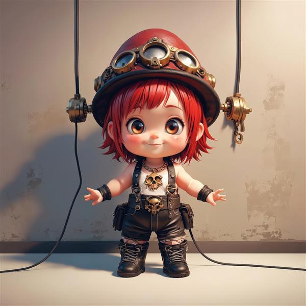 عروسک چیبی دختر مو قرمز با کلاه خلبانی، لباس چرم و محیط صنعتی نورانی