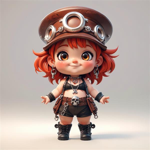 عروسک چیبی دختر مو قرمز با کلاه خلبانی، لباس راک و استایل فانتزی