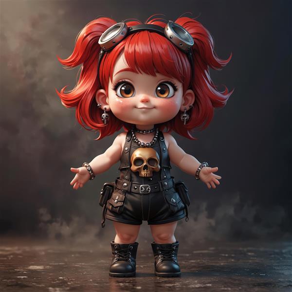 عروسک چیبی دختر مو قرمز با لباس راک چرم و عینک خلبانی، پس‌زمینه تیره
