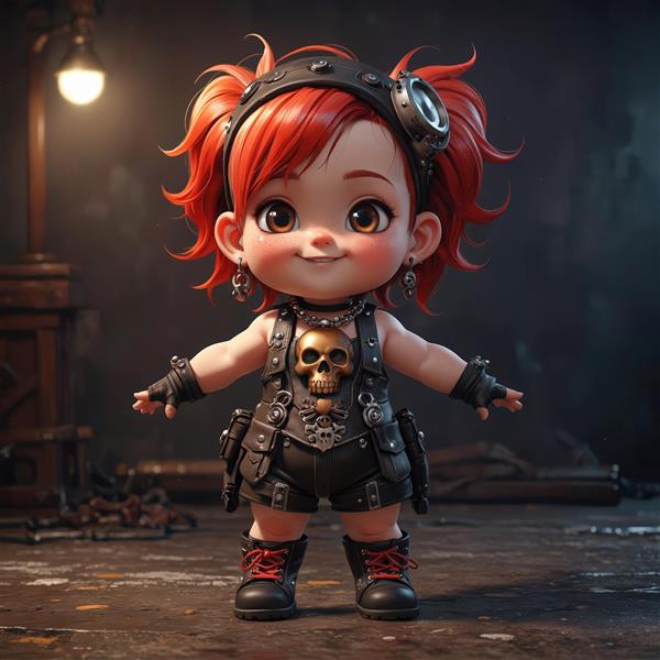 عروسک چیبی دختر با موی قرمز، لباس چرم و عینک خلبانی، در محیط صنعتی