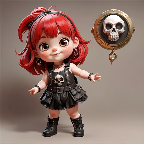 عروسک چیبی دختر مو قرمز با لباس چرم راک، وست و اکسسوری اسکلت