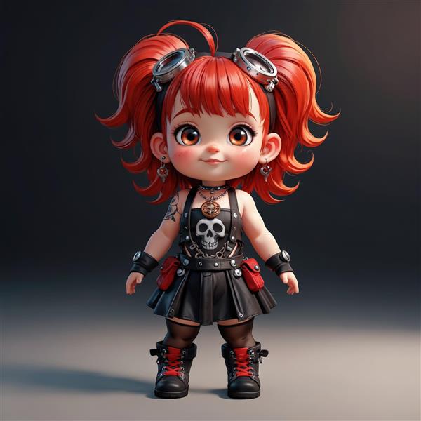 عروسک چیبی دختر با موی قرمز، عینک خلبانی و لباس راک مشکی، مناسب چاپ