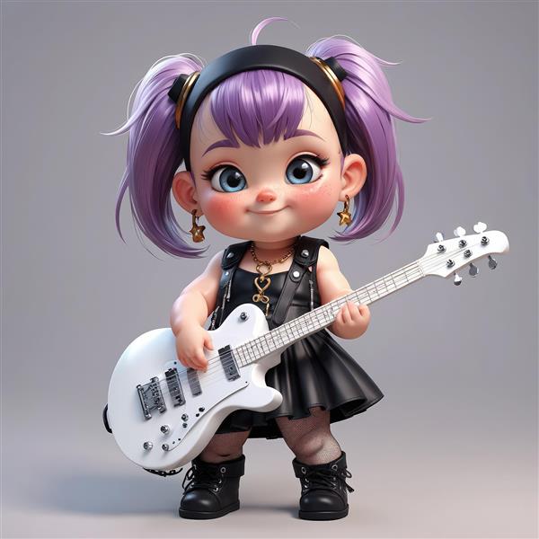عروسک چیبی دختر با موی بنفش دم اسبی، گیتار سفید و لباس راک مشکی