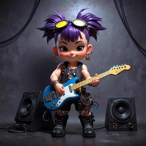 عروسک چیبی دختر با هدبند خرسی، لباس راک و آویز درام، پس‌زمینه صورتی