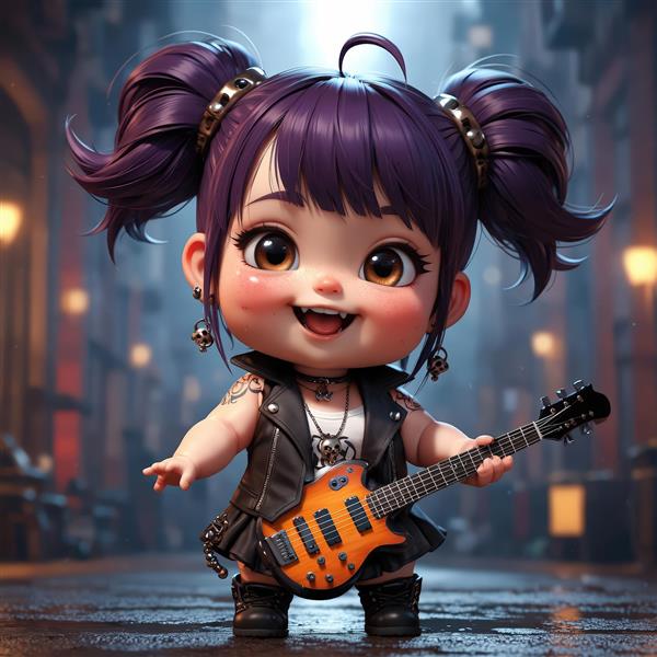 عروسک چیبی دختر با موی صورتی، لباس راک چرم و نور نئون پس‌زمینه دایره‌ای