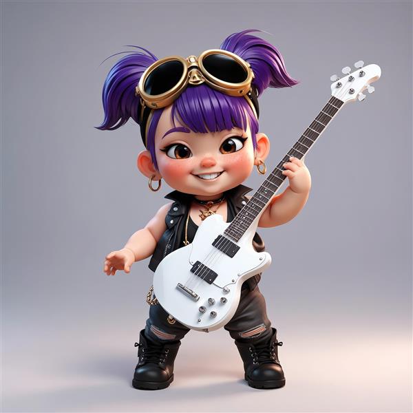 عروسک چیبی دختر با هدبند خرسی صورتی، لباس چرم و تیشرت اسکلت