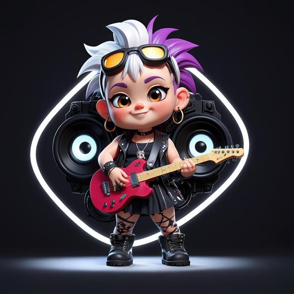 عروسک چیبی پانک با موی دو رنگ (سفید و بنفش)، گیتار قرمز و عینک آفتابی