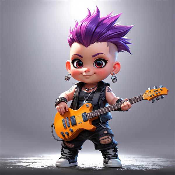عروسک چیبی دختر با موی صورتی، لباس راک و کتانی صورتی، پس‌زمینه کارگاهی