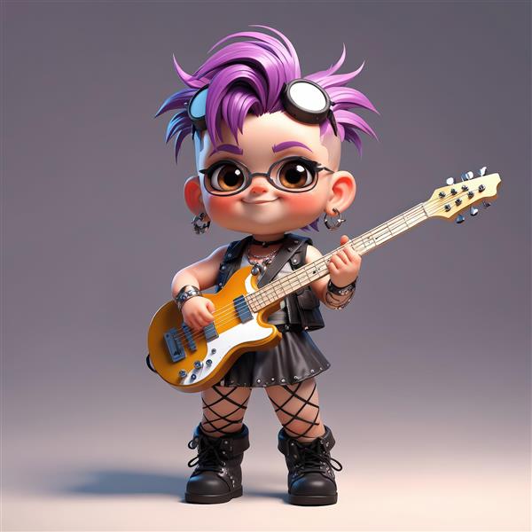 عروسک چیبی دختر با موی صورتی، تیشرت اسکلت و هدفون مشکی، استایل پاپ راک