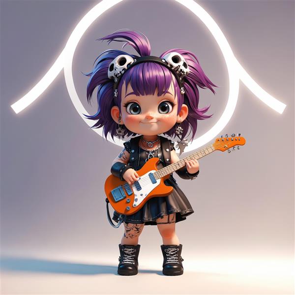 عروسک چیبی دختر با کلاه کاپیتانی اسکلتی، موی صورتی و گیتار سفید
