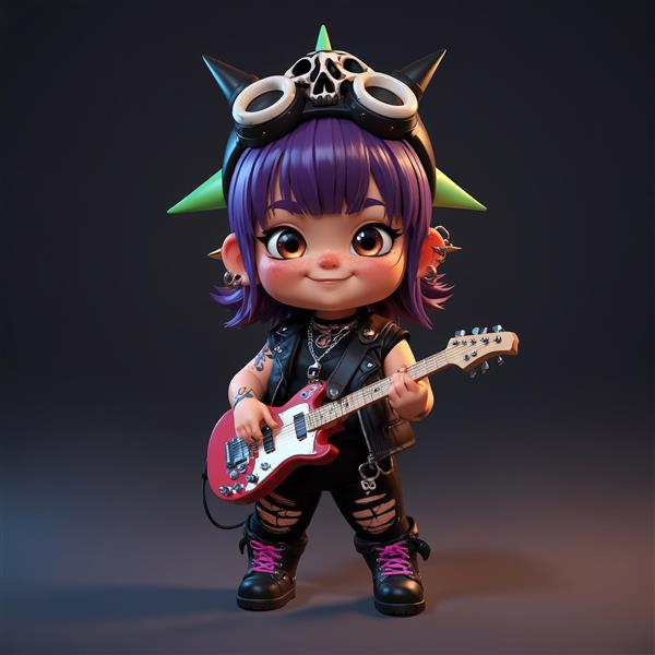 عروسک چیبی دختر بلوند با موهای دم اسبی، لباس راک چرم و اکسسوری اسکلتی