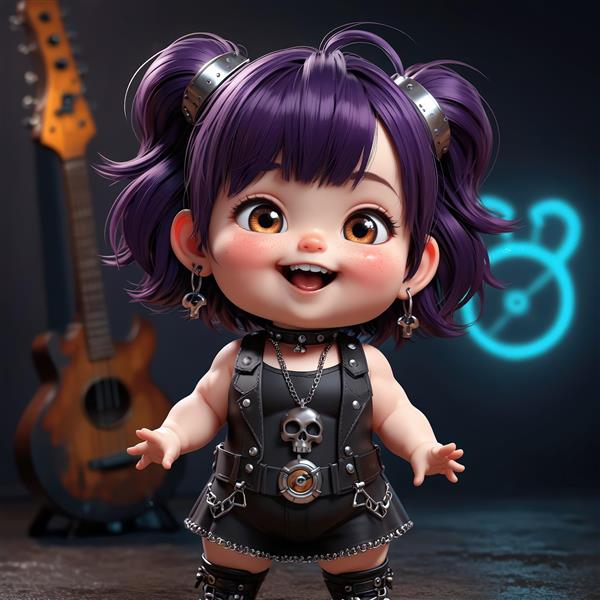 عروسک چیبی پانک با گیتار زرد، موی بنفش سیخ و استایل چرم