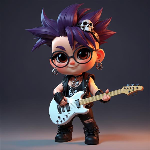 عروسک چیبی دختر با موی صورتی گوجه‌ای، لباس راک مشکی و عینک خلبانی