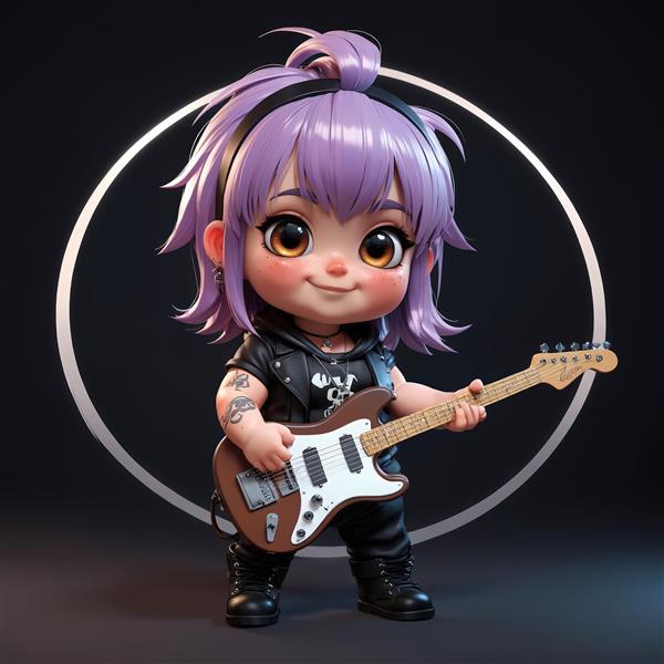 عروسک چیبی دختر با گیتار نارنجی، موی صورتی سیخ و بوت‌های سفید