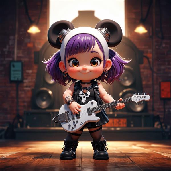 عروسک چیبی دختر با کلاه و گیتار سفید، موی صورتی و تتو، پس‌زمینه صنعتی نئون