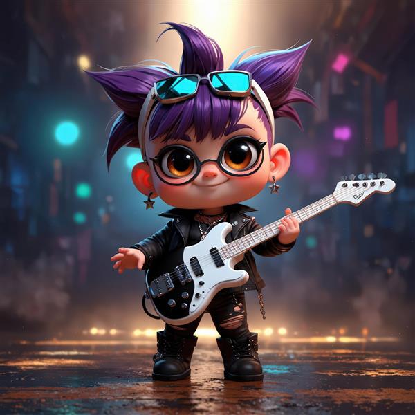 عروسک چیبی دختر راکر با موی صورتی گوجه‌ای، جلیقه صورتی و محیط کارگاهی