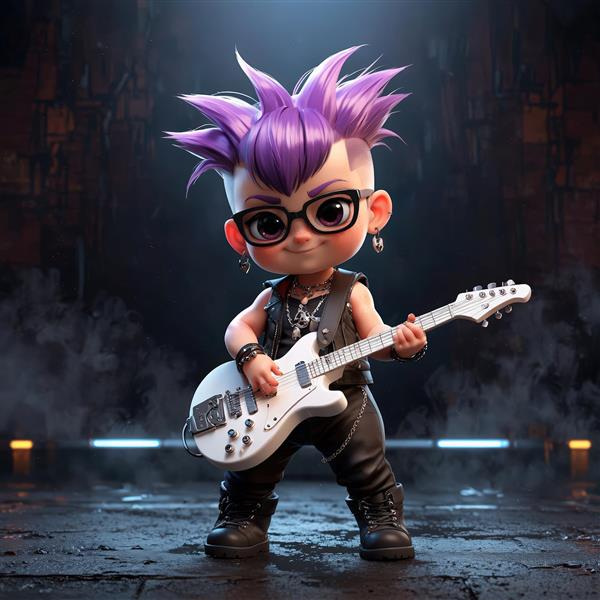 عروسک چیبی دختر شیطان کوچک با گیتار صورتی و موی قهوه‌ای، مناسب چاپ پوستر