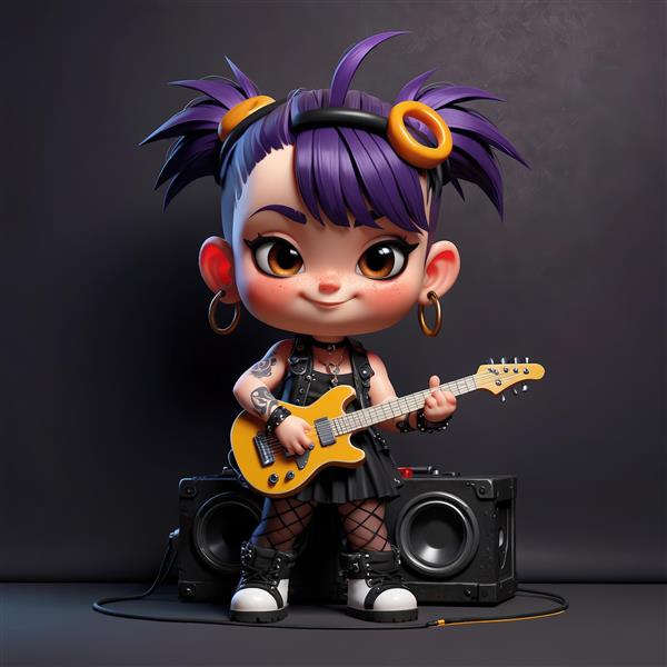 عروسک چیبی دختر با موی صورتی دم اسبی، لباس چرم و کتانی سفید، استایل فانتزی راک