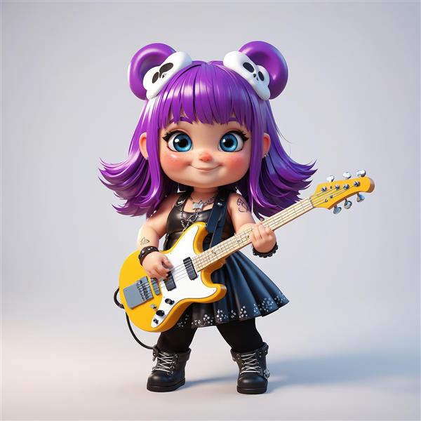 عروسک چیبی دختر با موی بنفش، گیتار زرد و گوش‌های خرسی سفید، مناسب دکوراسیون