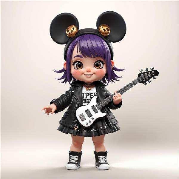 عروسک چیبی دختر با موی بنفش، گوش‌های خرسی مشکی و گیتار سفید، سبک گوتیک