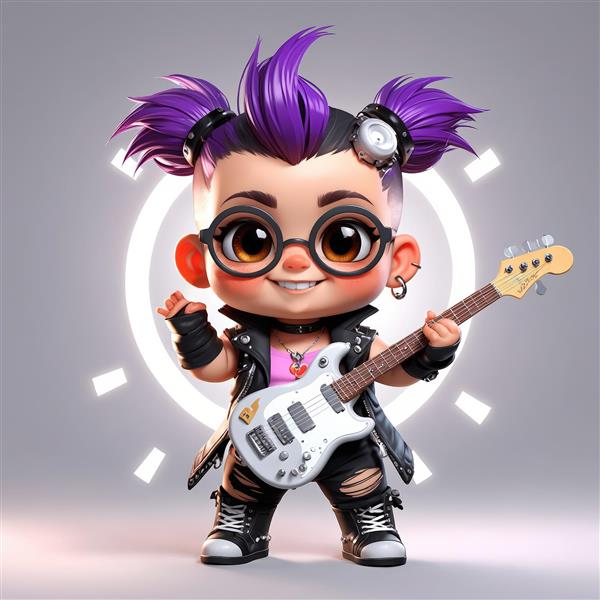 عروسک چیبی راکر با گیتار سفید، موی بنفش سیخ شده و عینک فانتزی