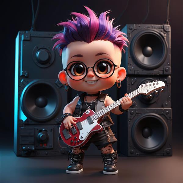 عروسک چیبی پانک با موی صورتی، گیتار قرمز و پس‌زمینه اسپیکرهای غول‌پیکر