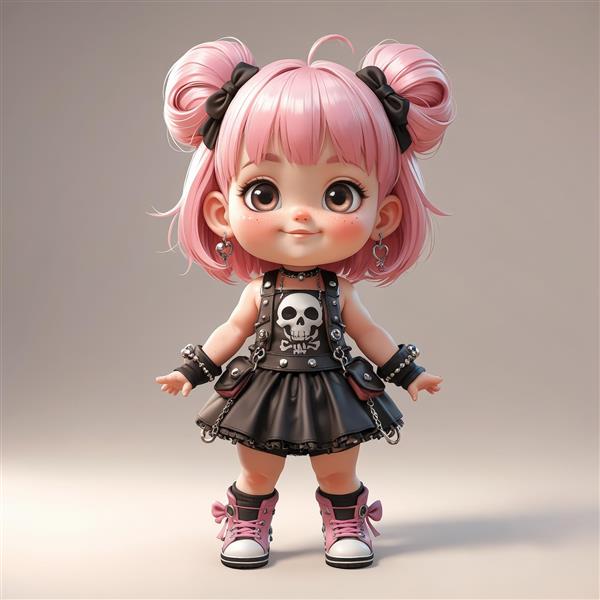 عروسک چیبی دختر با موی صورتی گوجه‌ای، لباس راک و کفش‌های صورتی، مناسب پوستر کودک