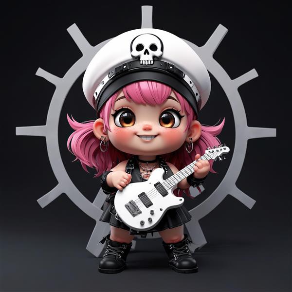 عروسک چیبی دختر راک با کلاه کاپیتانی اسکلتی، گیتار سفید و پس‌زمینه صنعتی