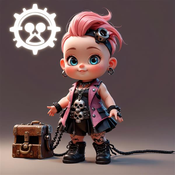 عروسک چیبی دختر پانک با موی صورتی سیخ شده، جلیقه راک و چمدان، استایل سایبرپانک