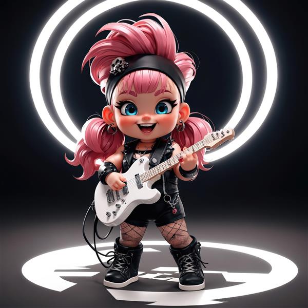 عروسک چیبی دختر راکر با گیتار سفید، موی صورتی موج‌دار و نور نئون، مناسب پوستر