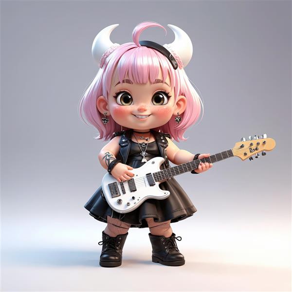 عروسک چیبی دختر شیطان کوچک با موی صورتی، گیتار سفید و شاخ‌های فانتزی