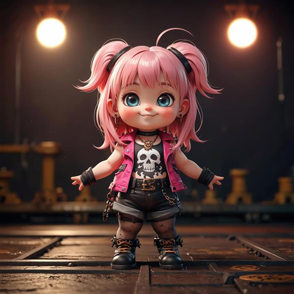 عروسک چیبی دختر با ژاکت صورتی، تیشرت اسکلت و استایل راک در فضای صنعتی