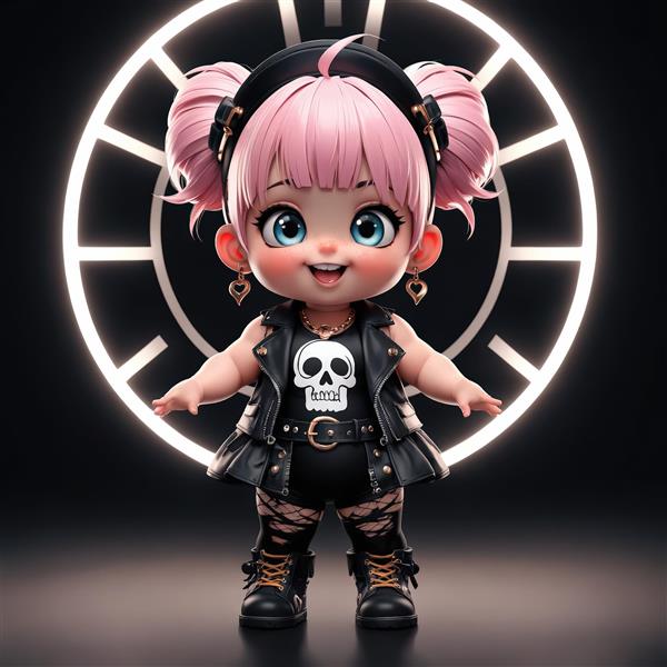 عروسک چیبی دختر با لباس راک چرمی، جوراب شلواری و پس‌زمینه نئون، مناسب پوستر