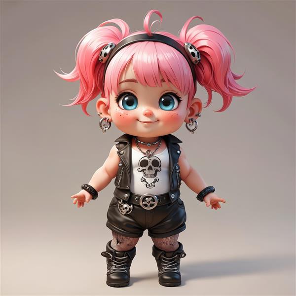 عروسک چیبی دختر با موی صورتی دم اسبی، لباس چرم و وست راک با جزئیات اسکلت