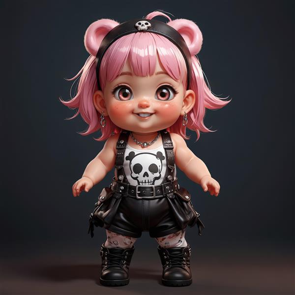 عروسک چیبی دختر با لباس مشکی، طرح اسکلت و هدبند خرسی، سبک گوتیک
