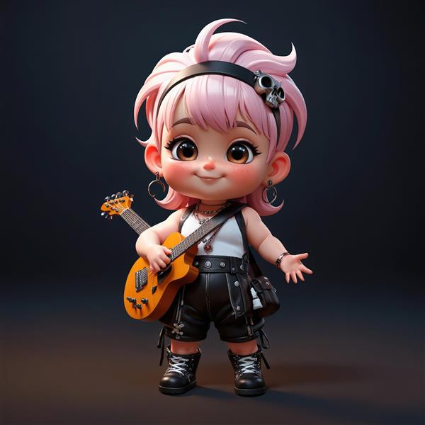 عروسک دختر راکر چیبی با گیتار آکوستیک نارنجی و لباس مشکی و سفید
