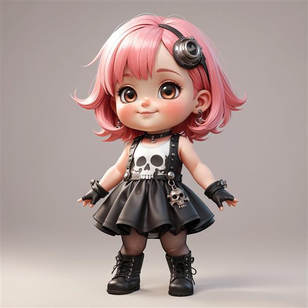 تصویر عروسک چیبی دختر با هدفون و لباس مشکی راک، موی صورتی کوتاه