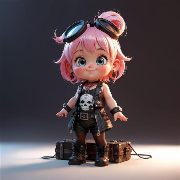 عروسک چیبی دختر با عینک خلبانی، لباس راک و چمدان، پس‌زمینه تیره استودیویی