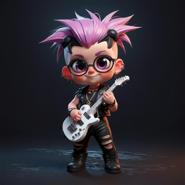 عروسک چیبی پانک با موی صورتی سیخ شده، گیتار سفید، عینک و لباس چرم