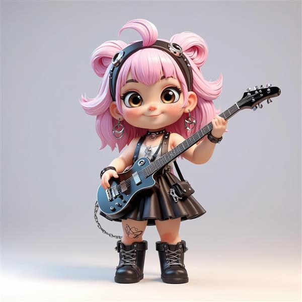 عروسک دختر راکر چیبی با گیتار برقی مشکی، موهای صورتی و استایل گوثیک