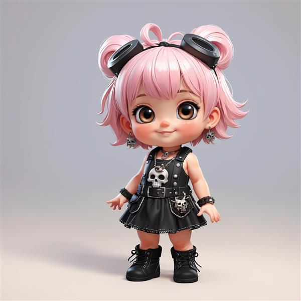 عروسک چیبی دختر با موی صورتی، لباس راک چرمی و عینک خلبانی، مناسب چاپ