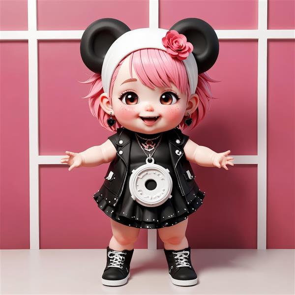 عروسک دختر چیبی با موی صورتی، هدبند خرسی و لباس پاپ راک در پس‌زمینه صورتی