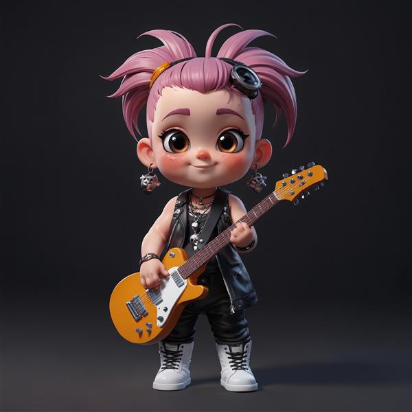 عروسک چیبی دختر راک با موی صورتی میخ‌دار، گیتار نارنجی و بوت‌های سفید