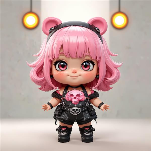 عروسک چیبی دختر با موی صورتی، لباس چرم و گوش‌های خرسی مشکی، مناسب چاپ پوستر