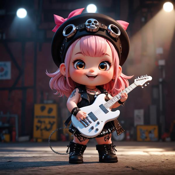 عروسک چیبی دختر با موی صورتی، گیتار سفید، کلاه راک و پس‌زمینه نورپردازی شده