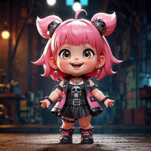 تصویر چیبی دختر راکر با موهای صورتی، جلیقه و کفش مشکی، پس‌زمینه کارگاهی تیره