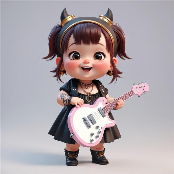 عروسک شیطان کوچک چیبی با گیتار برقی صورتی و استایل دارک راک